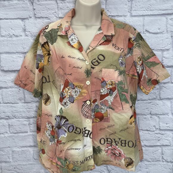 Vintage Lucia Caribbean Island Print Button Shirt Size 16 St Croix Tobago Floral - Picture 7 of 7